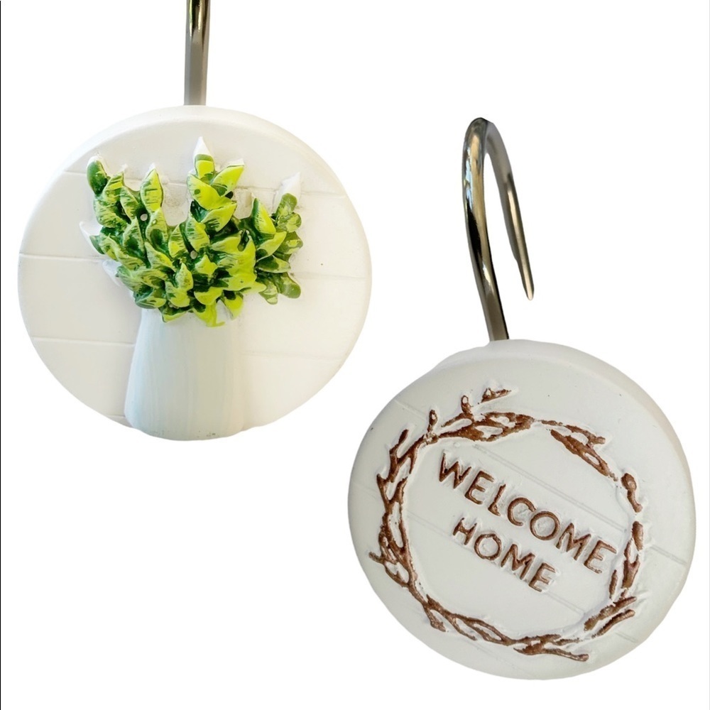 Modern Farmhouse Shower Curtain Hooks Set of 12 Welcome Home White Green Brown